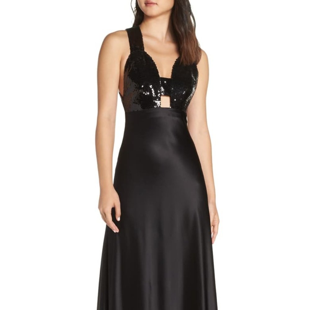 NWT JILL JILL STUART  BLACK SATIN SEQUIN GOWN